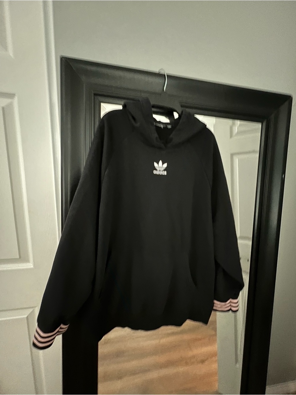 adidas Black Hoodie with Pink & White Stripe Cuffs